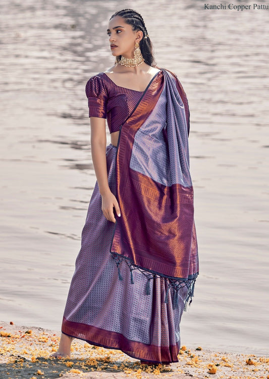 Bridal kanjivaram silk purple saree online price for wedding function.