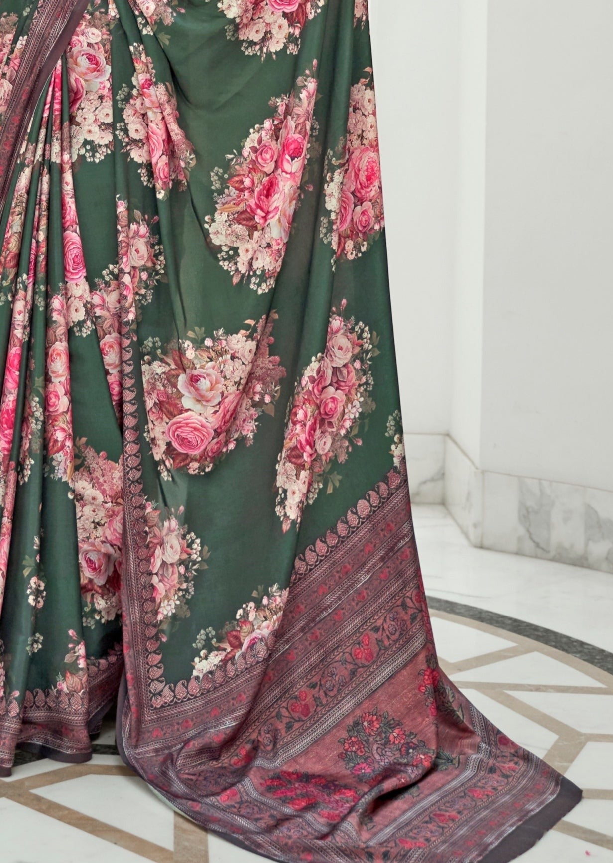 Dark Green Kalamkari Pure Silk Crepe Saree pallu