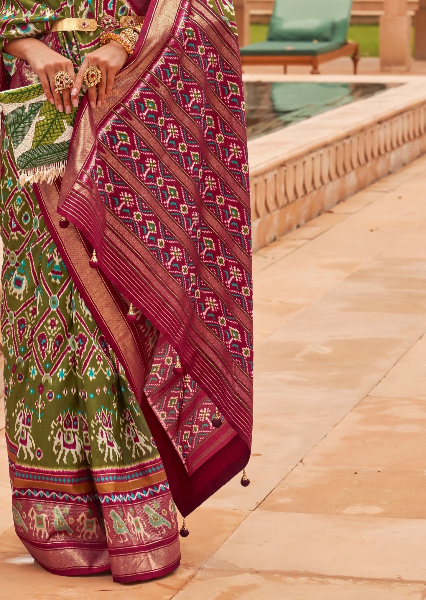 Double Ikkat Mehendi Green Patola Saree pallu design online price.