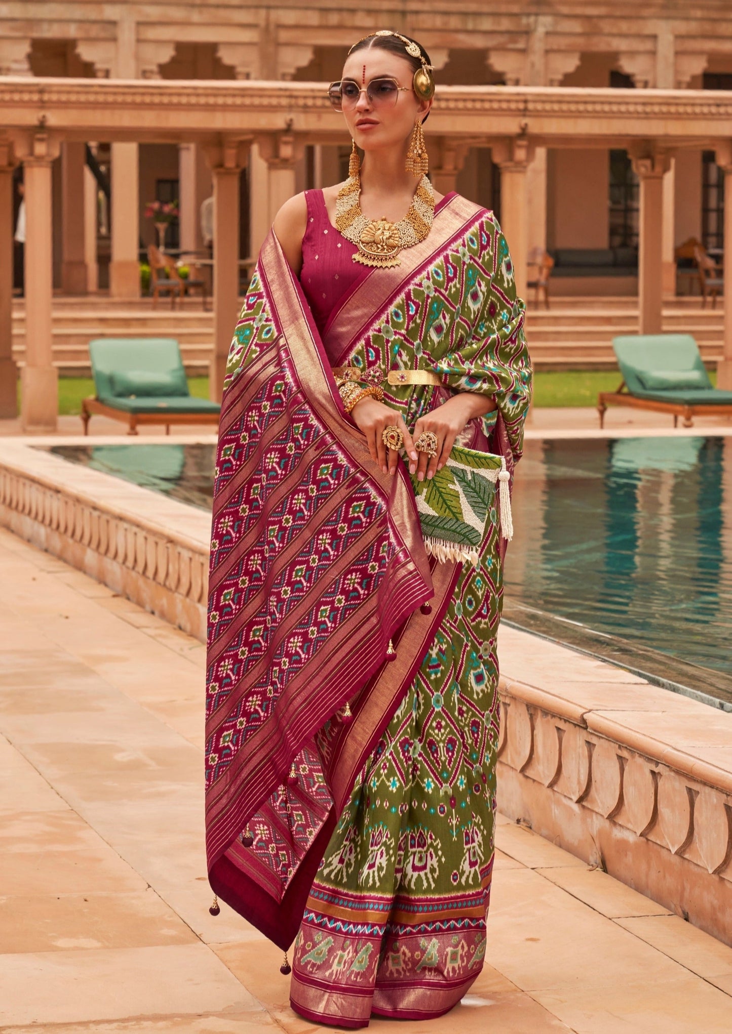 Double Ikkat Mehendi Green Patola Saree online.