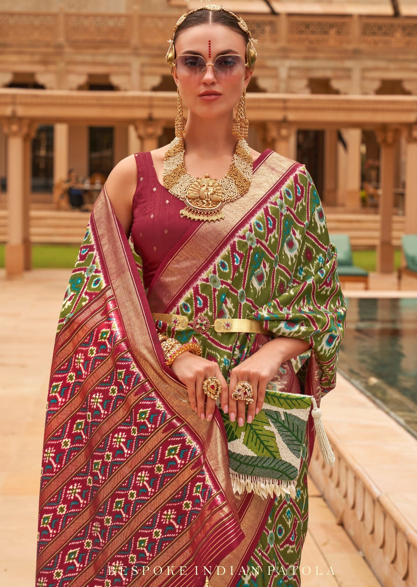 Double Ikkat Mehendi Green Patola Saree online shopping price.