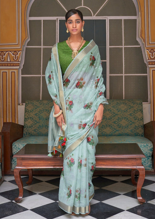 Floral print powder blue sequins work organza saree online shopping.