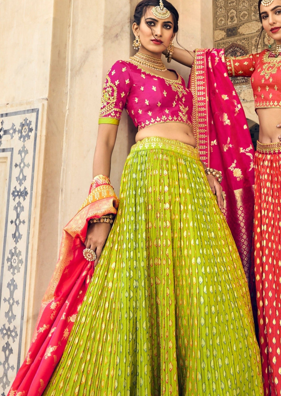 Lime green banarasi silk lehenga choli set online shopping in london uk at best price for indian wedding.