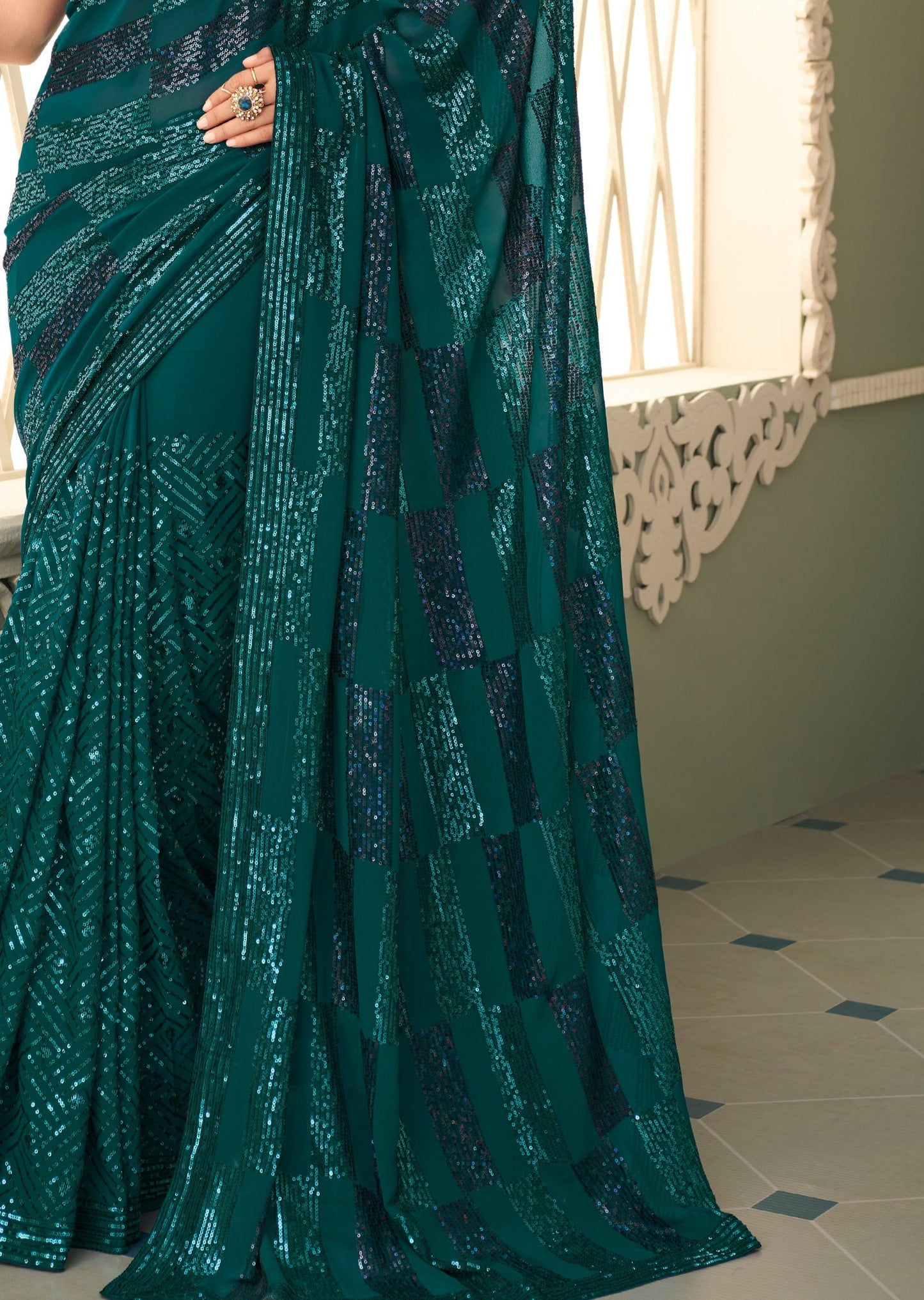 Green Georgette Sequins Saree