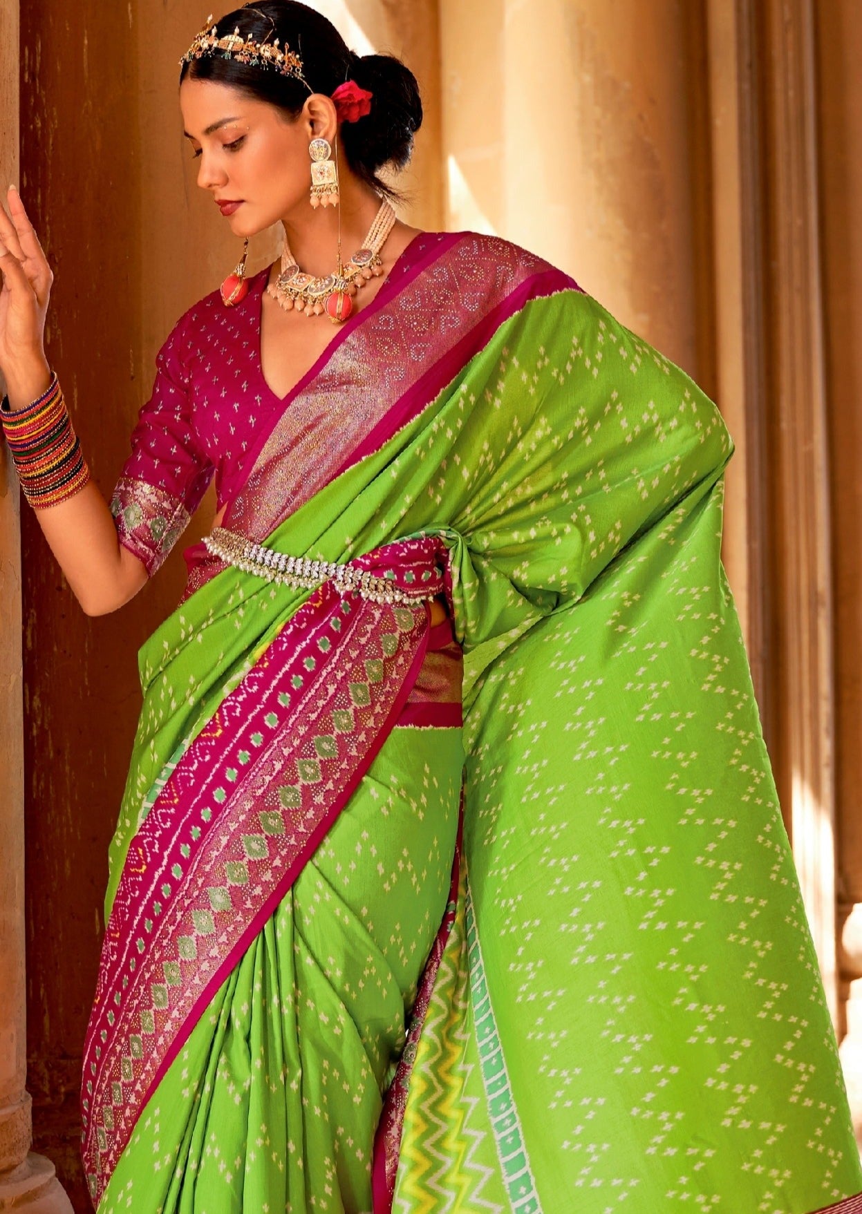 Green and pink colour combination patola silk saree online sale for wedding available at fast shipping.