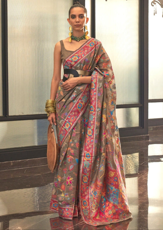 Kashmiri Jamawar Handloom Silk Grey Pashmina Saree