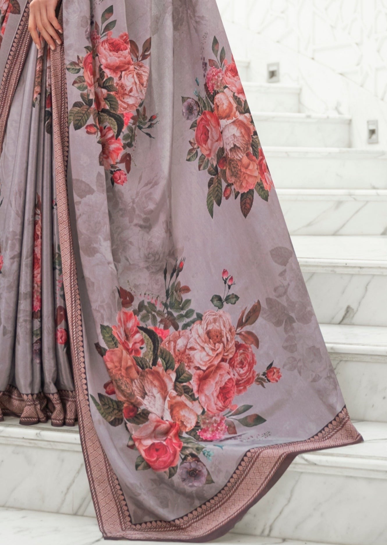 Shop mink grey kalamkari pure silk crepe saree pallu online usa designs.