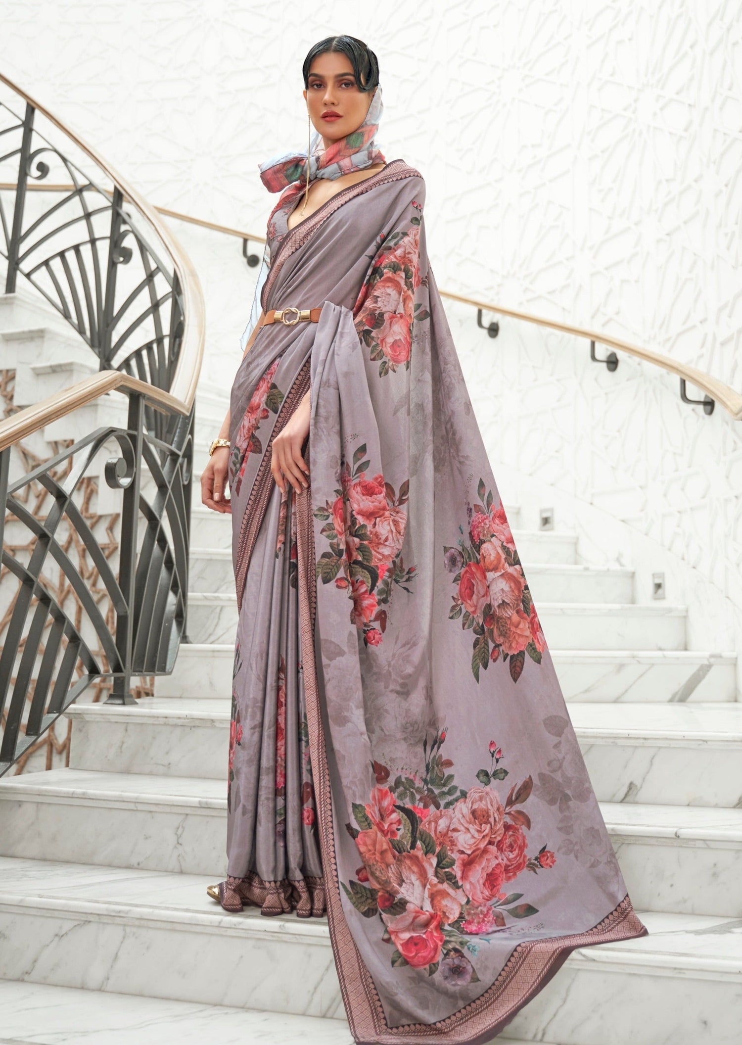 Grey pure silk crepe saree online price usa fast delivery.
