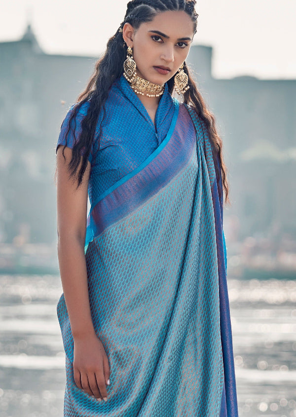 Handloom kanjivaram silk saree in pastel blue color with rich dark blue border and blouse, adorned with gold and copper zari weaving.