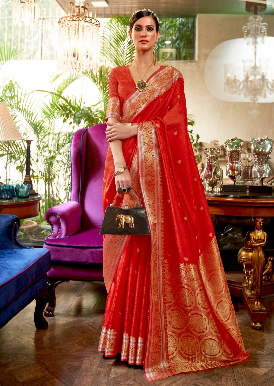Home delivery saree shopping online for pure katan silk red banarasi handloom silk saree in usa.