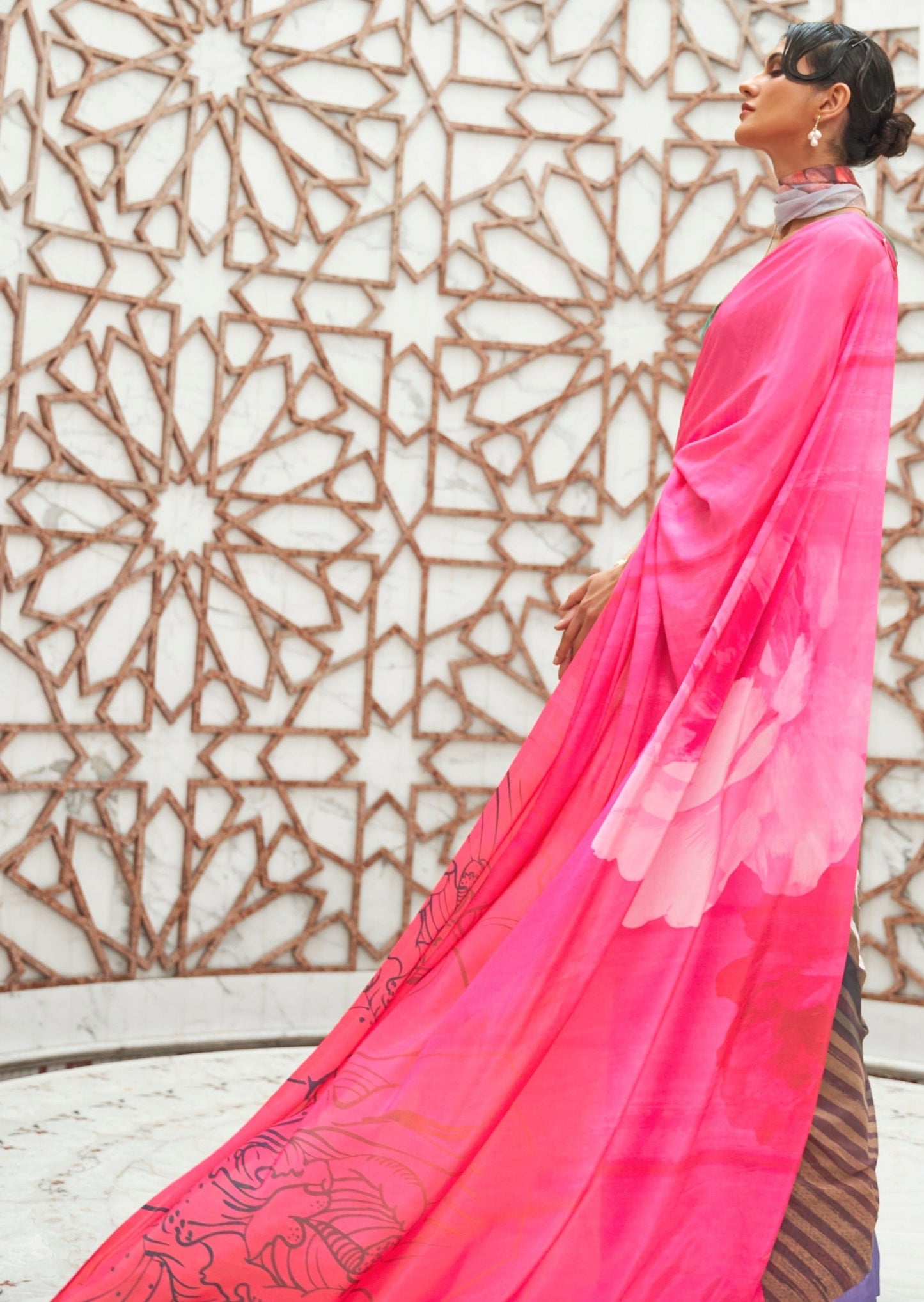 Hot pink pure silk crepe printed saree blouse online designs usa for women.