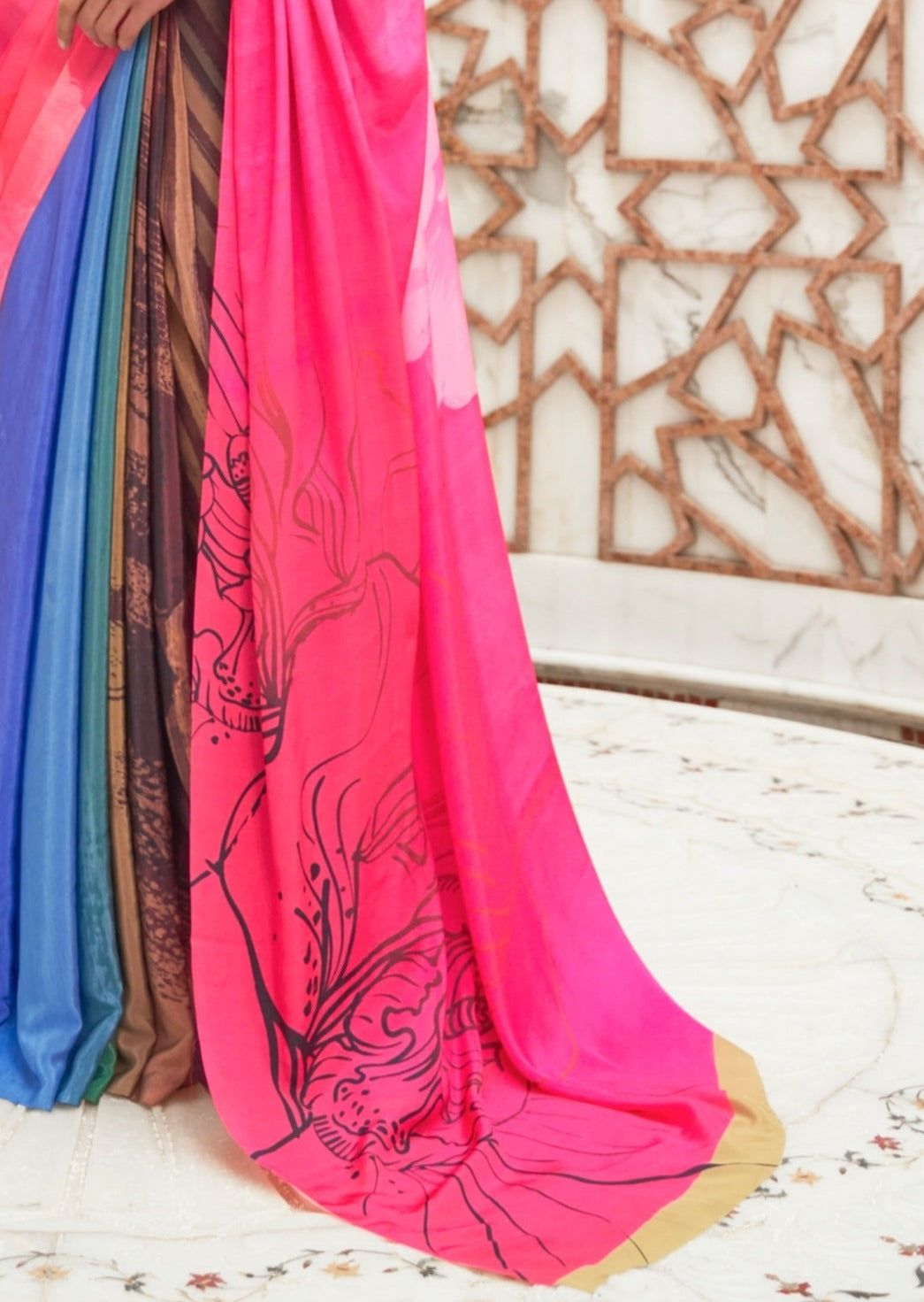 Hot pink pure silk crepe printed saree pallu design online usa shopping with price.