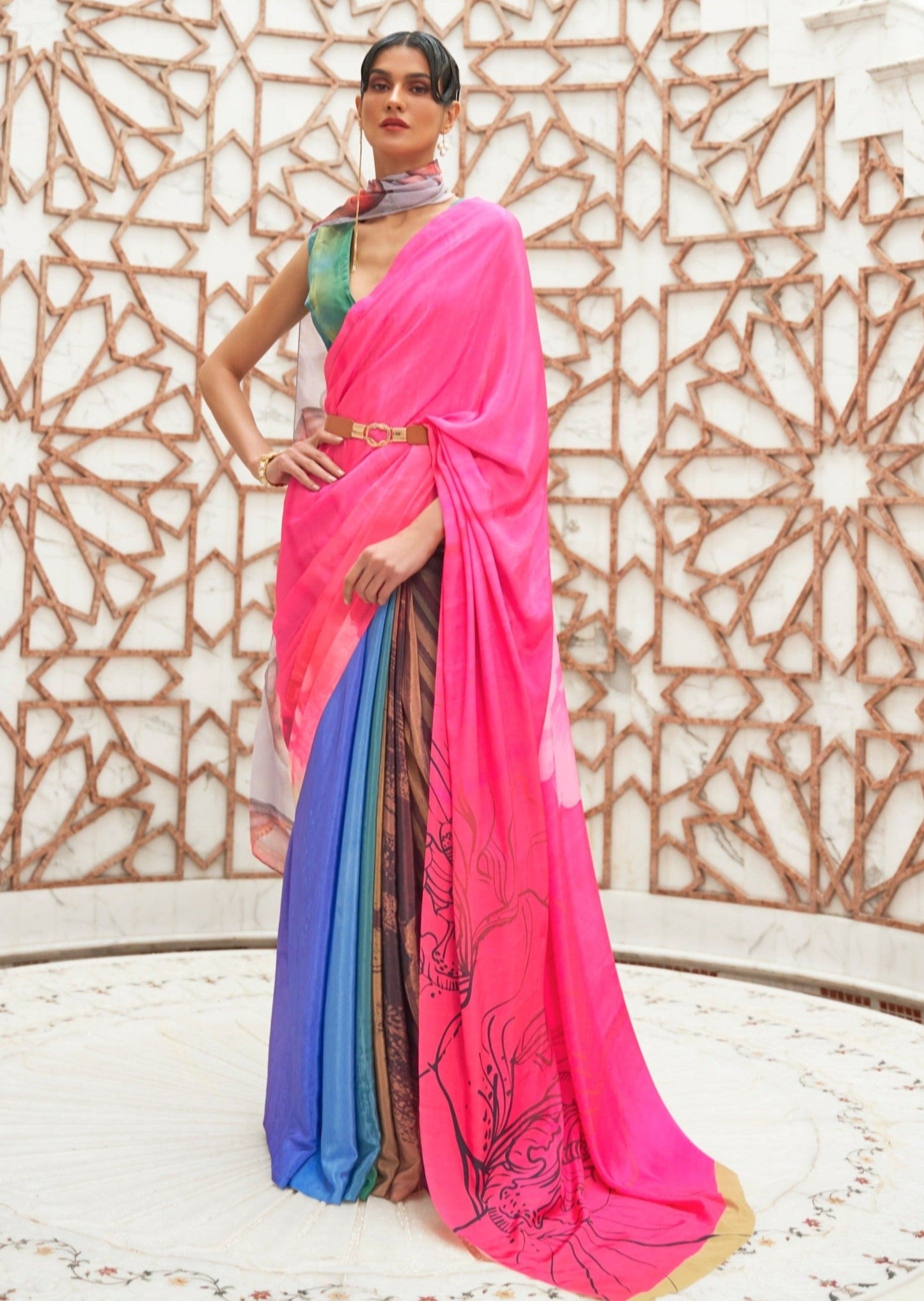 Hot pink pure silk crepe printed saree online usa shopping price at fast delivery.