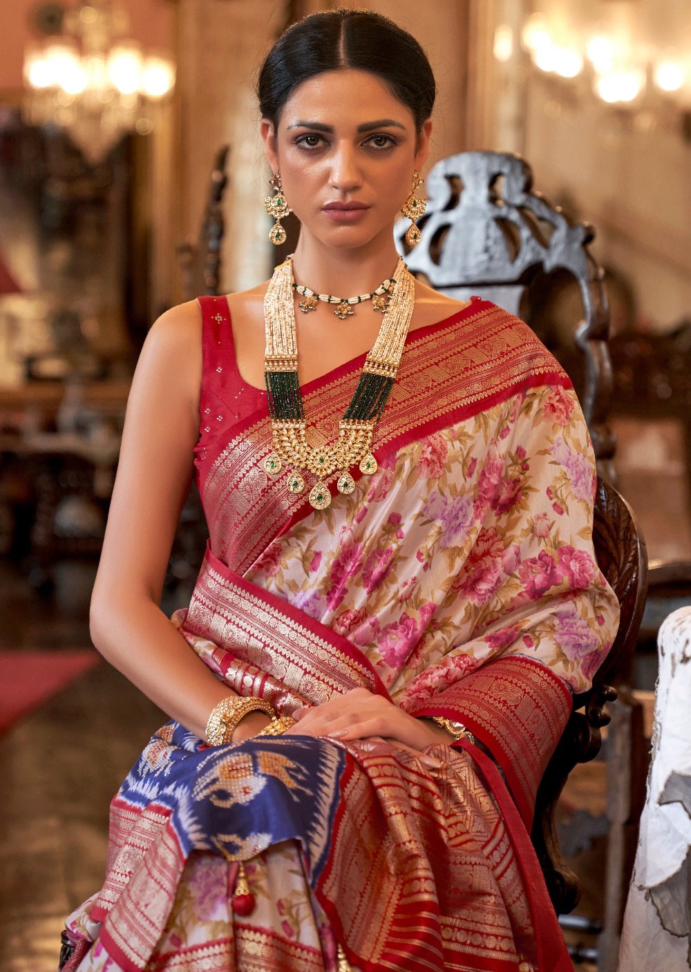 Usa Bride in white double ikkat banarasi patola saree blouse.