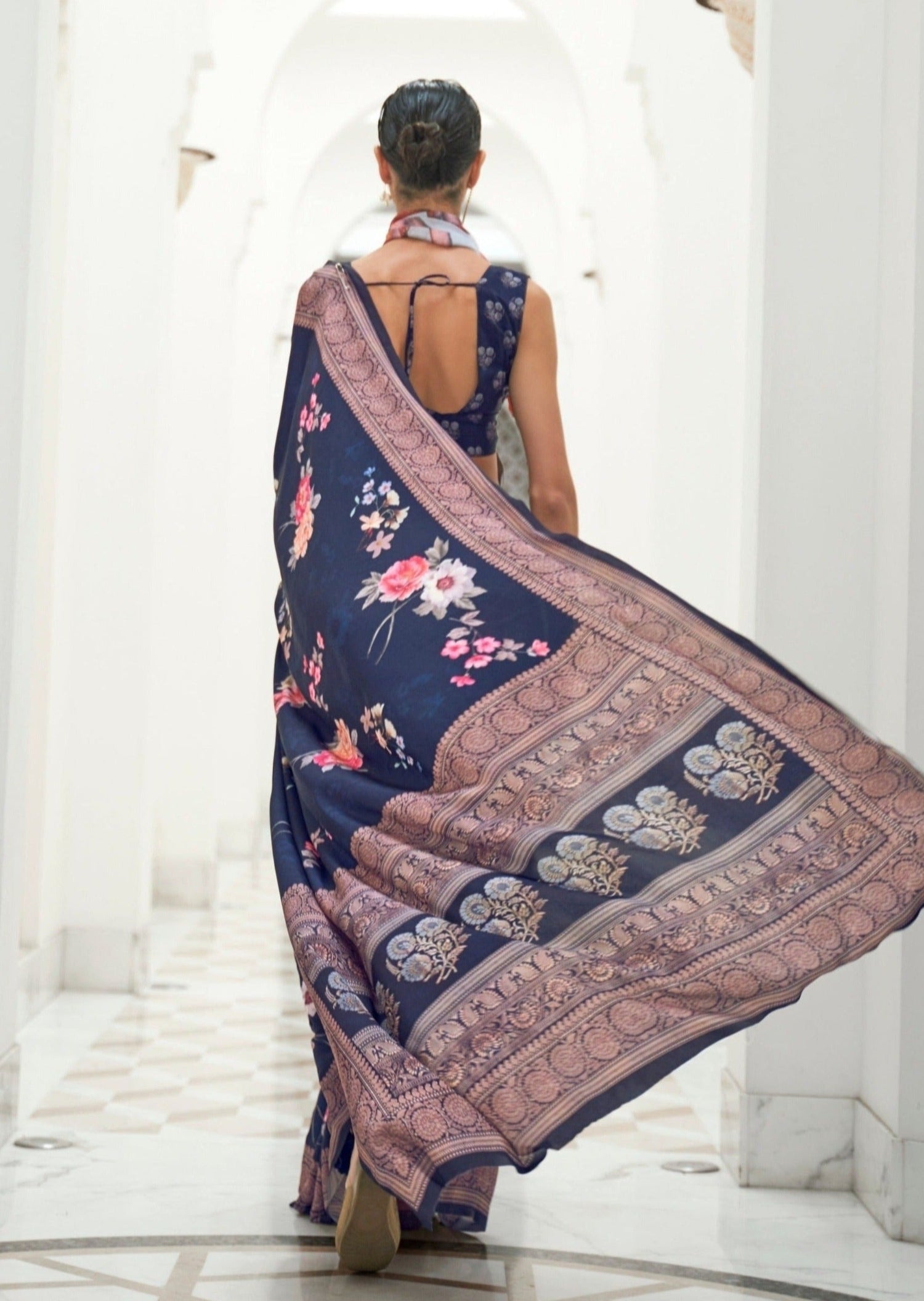 Indigo blue kalamkari pure silk crepe saree online usa shopping price.