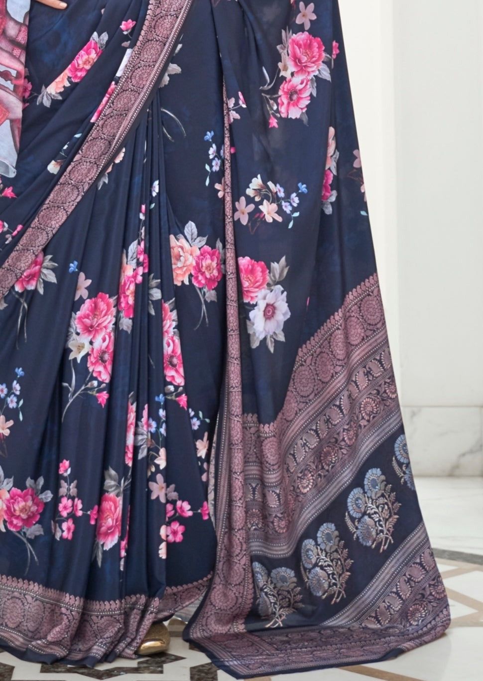 Indigo blue kalamkari pure silk crepe saree pallu design online usa.