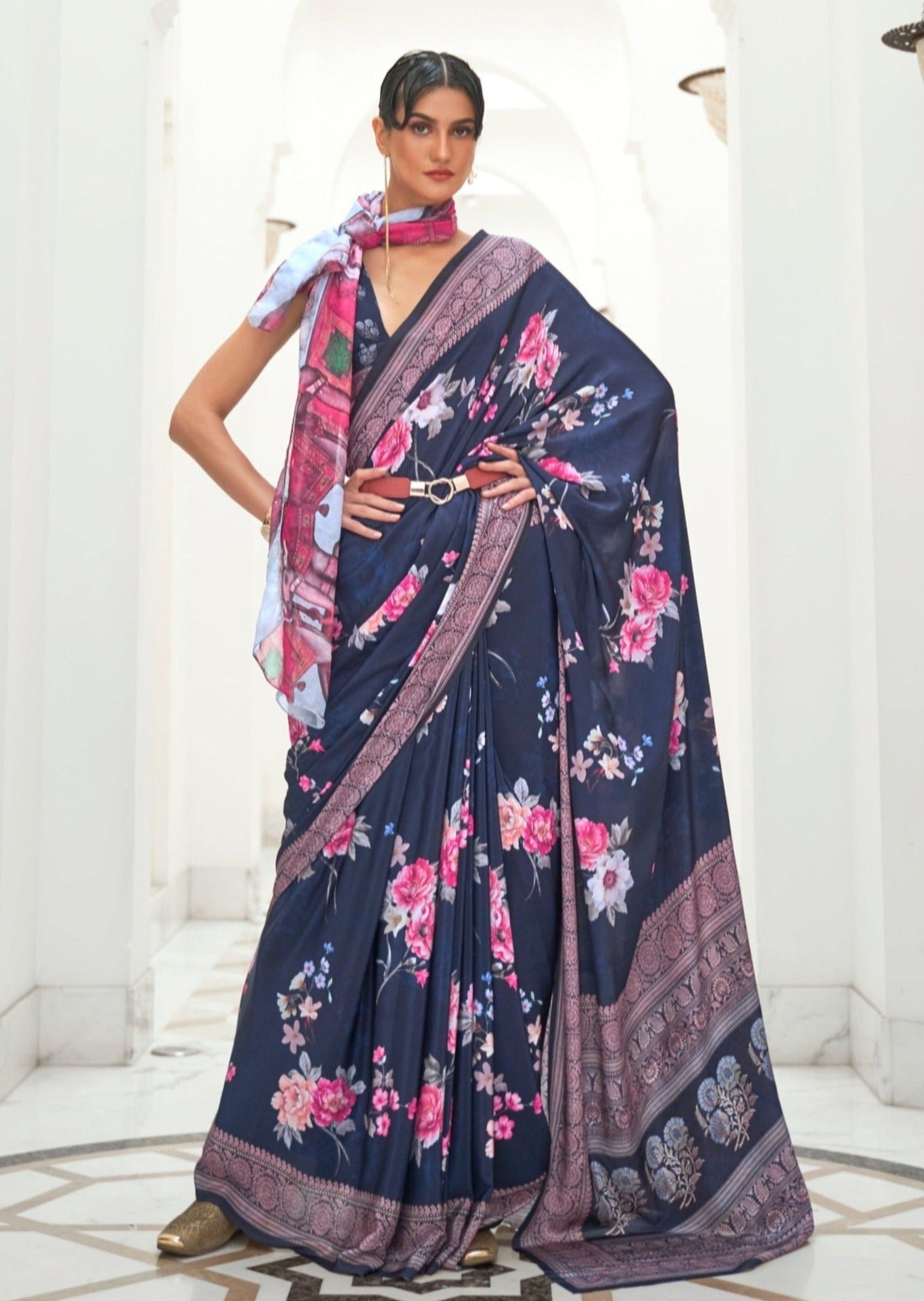 Indigo blue kalamkari pure silk crepe saree online usa price.