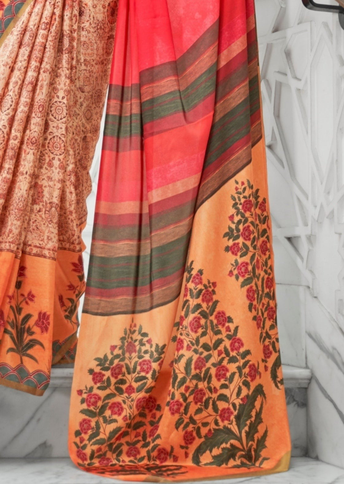 Shop beige kalamkari pure silk crepe saree in usa online.