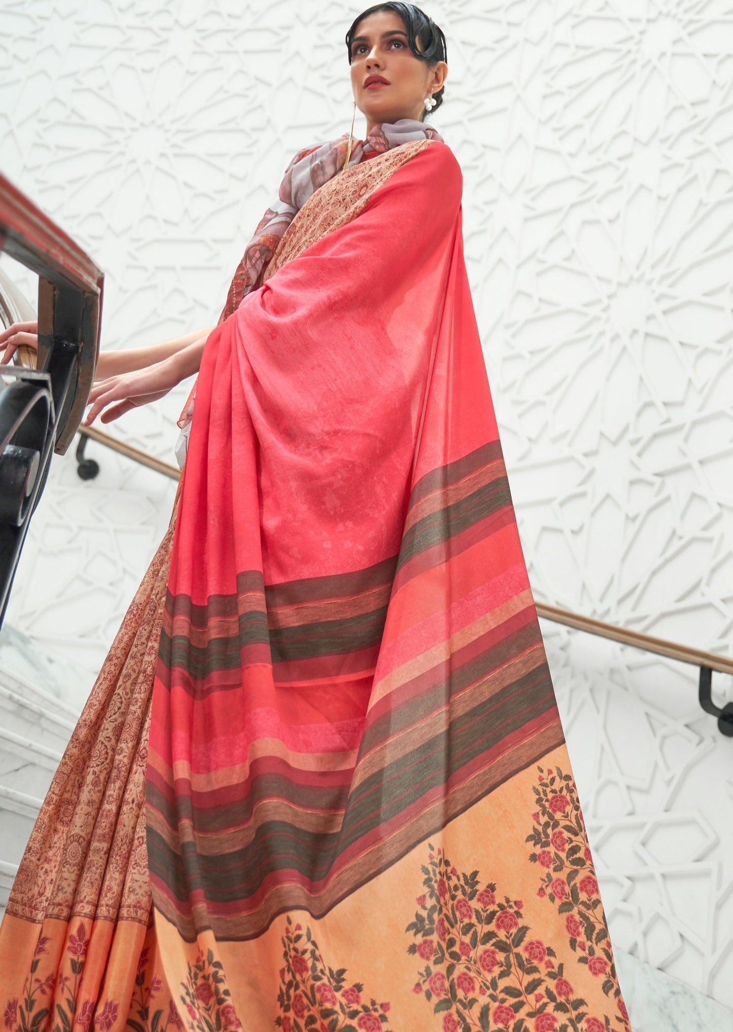 Beige kalamkari pure silk crepe saree in usa online design for women available at fast shipping.
