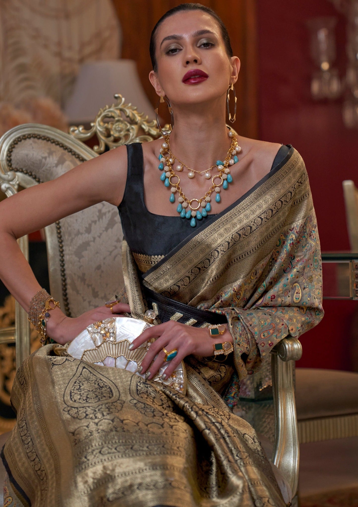 Bride in kashmiri jamawar banarasi pashmina grey saree blouse.