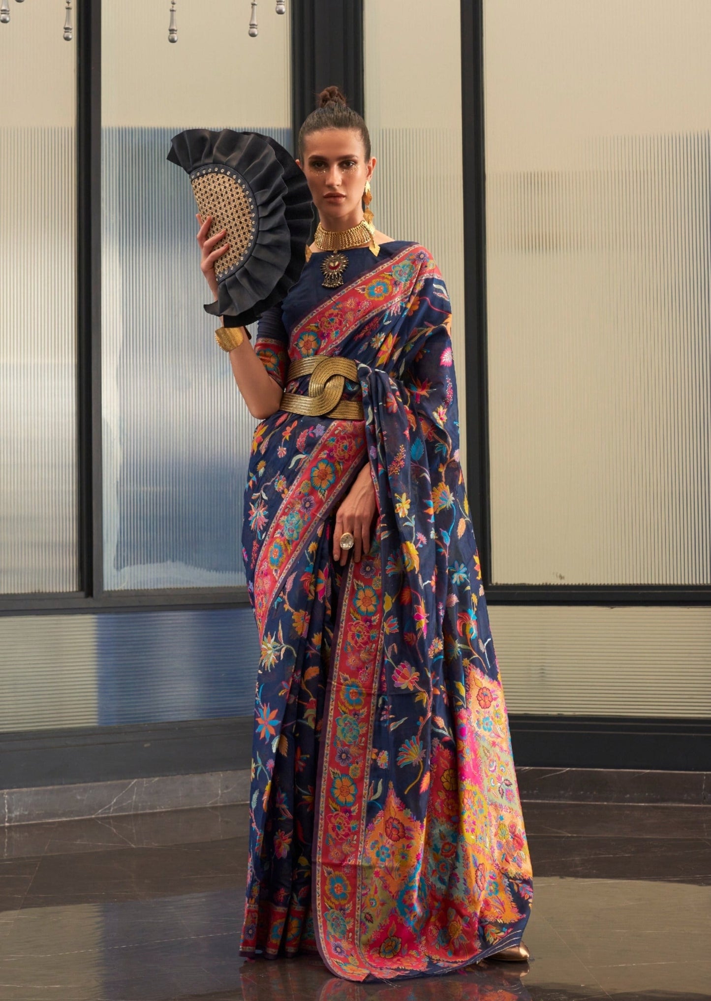 Kashmiri Jamawar blue Pashmina saree