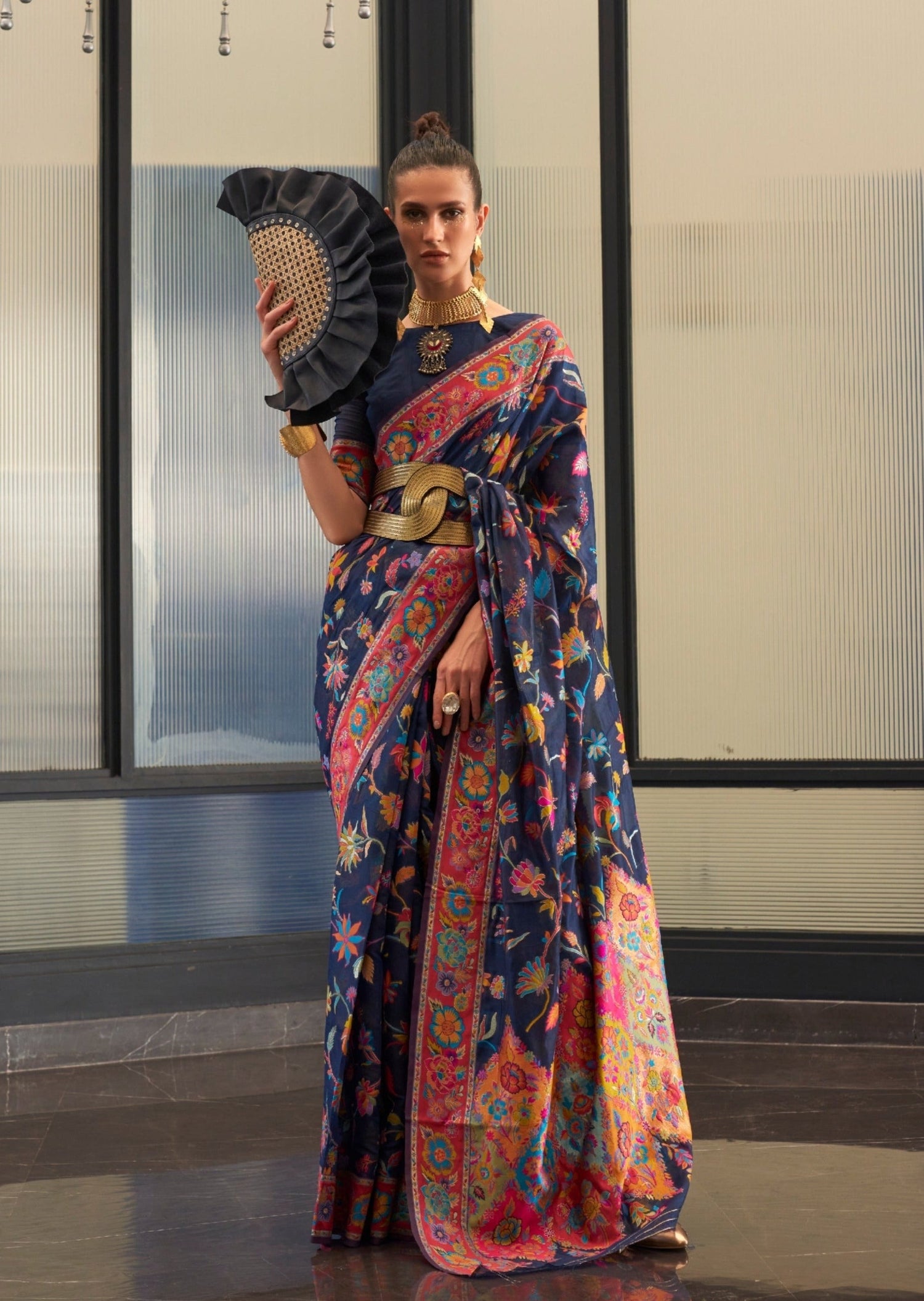 Kashmiri Jamawar blue Pashmina saree