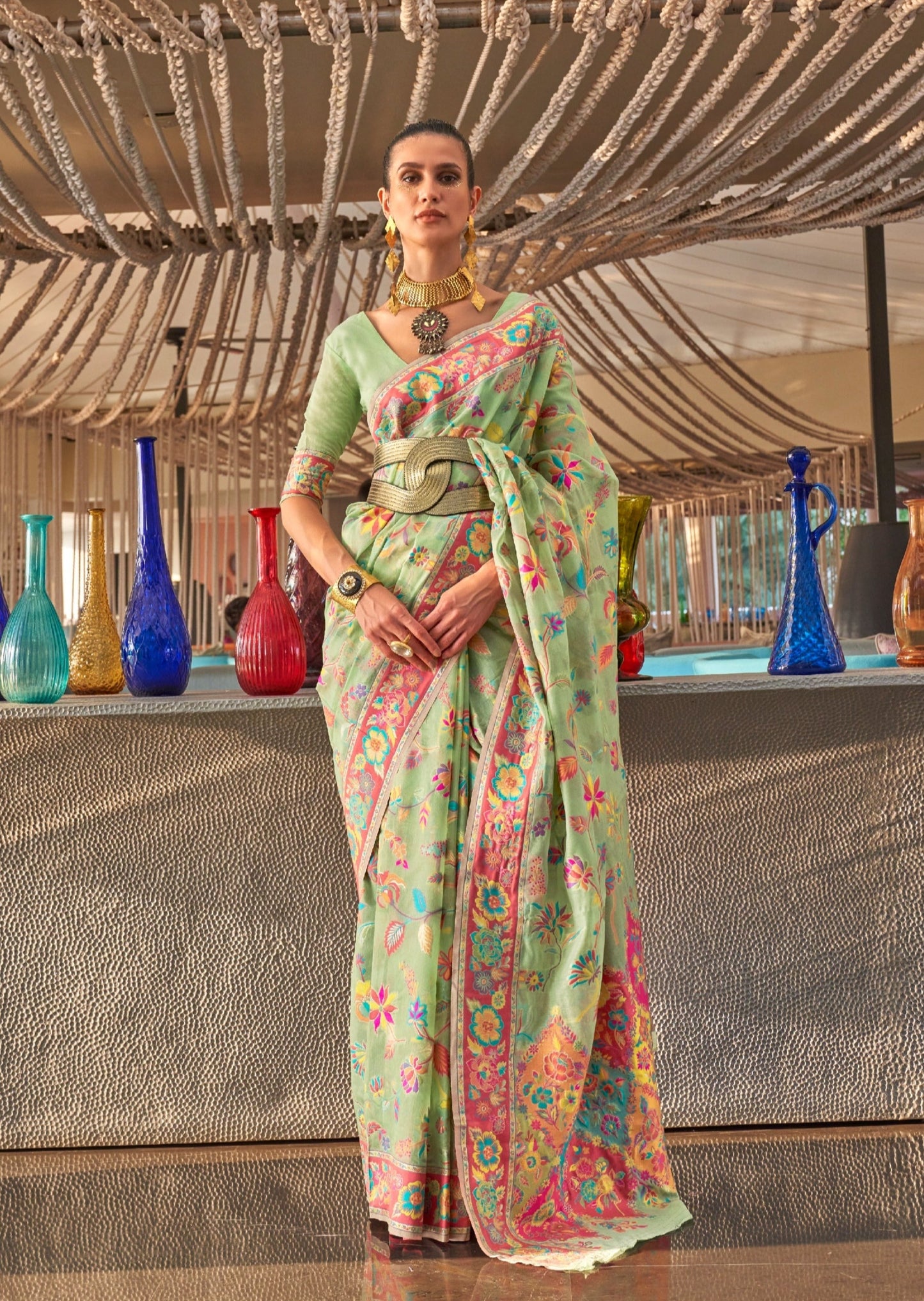 Kashmiri Jamawar Pista Green Pashmina saree