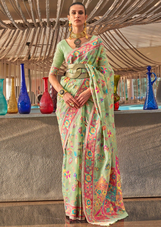 Kashmiri Jamawar Pista Green Pashmina saree