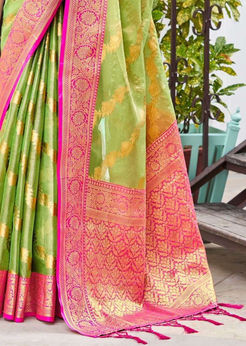 Lawn green banarasi tissue silk handloom saree online shopping design.