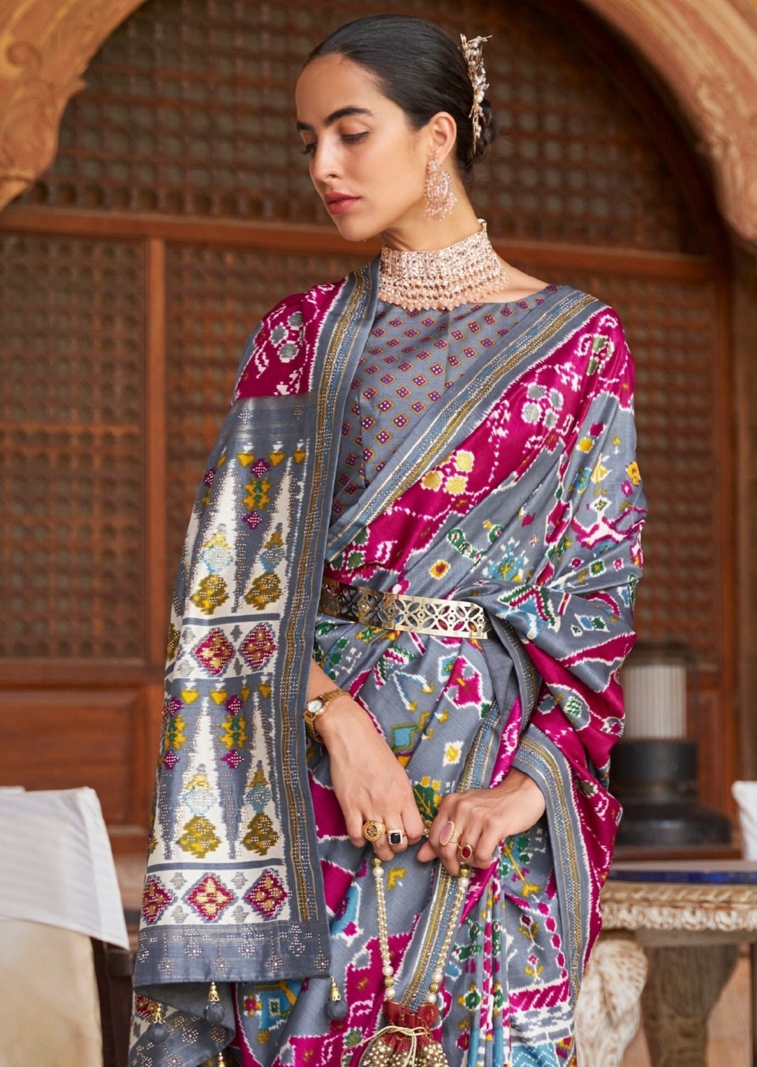 Light grey patola silk sarees online shopping for wedding and party wear.