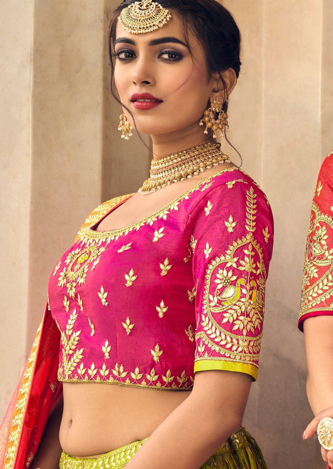 Lime green banarasi silk lehenga choli blouse designs for online shopping in canada for wedding, haldi, reception, engagement or festivals.