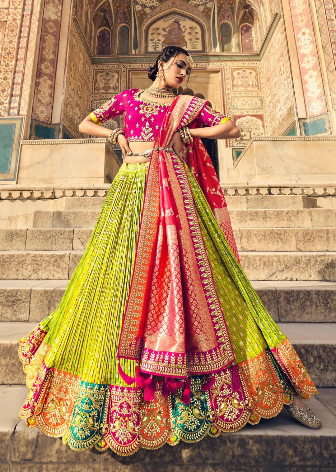Lime green banarasi silk lehenga choli online design in usa for indian wedding shopping, bridal wear and engagement look.