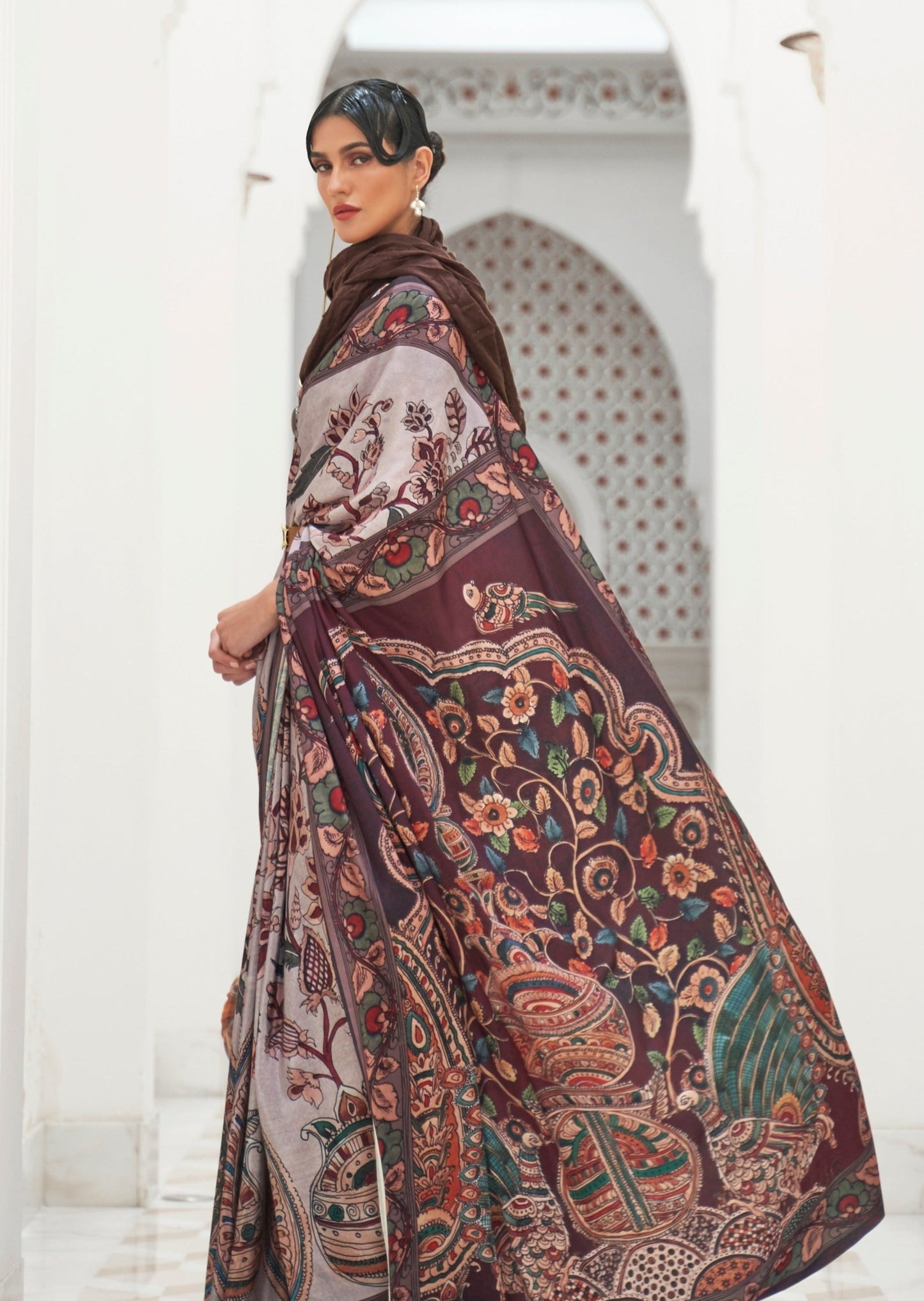 Mud grey and brown kalamkari pure silk crepe saree online.