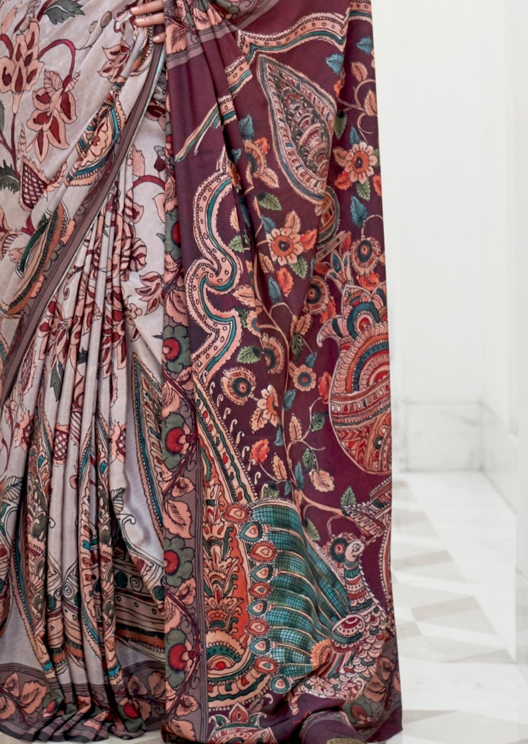 Mud grey and brown kalamkari pure silk crepe saree sale pallu design.