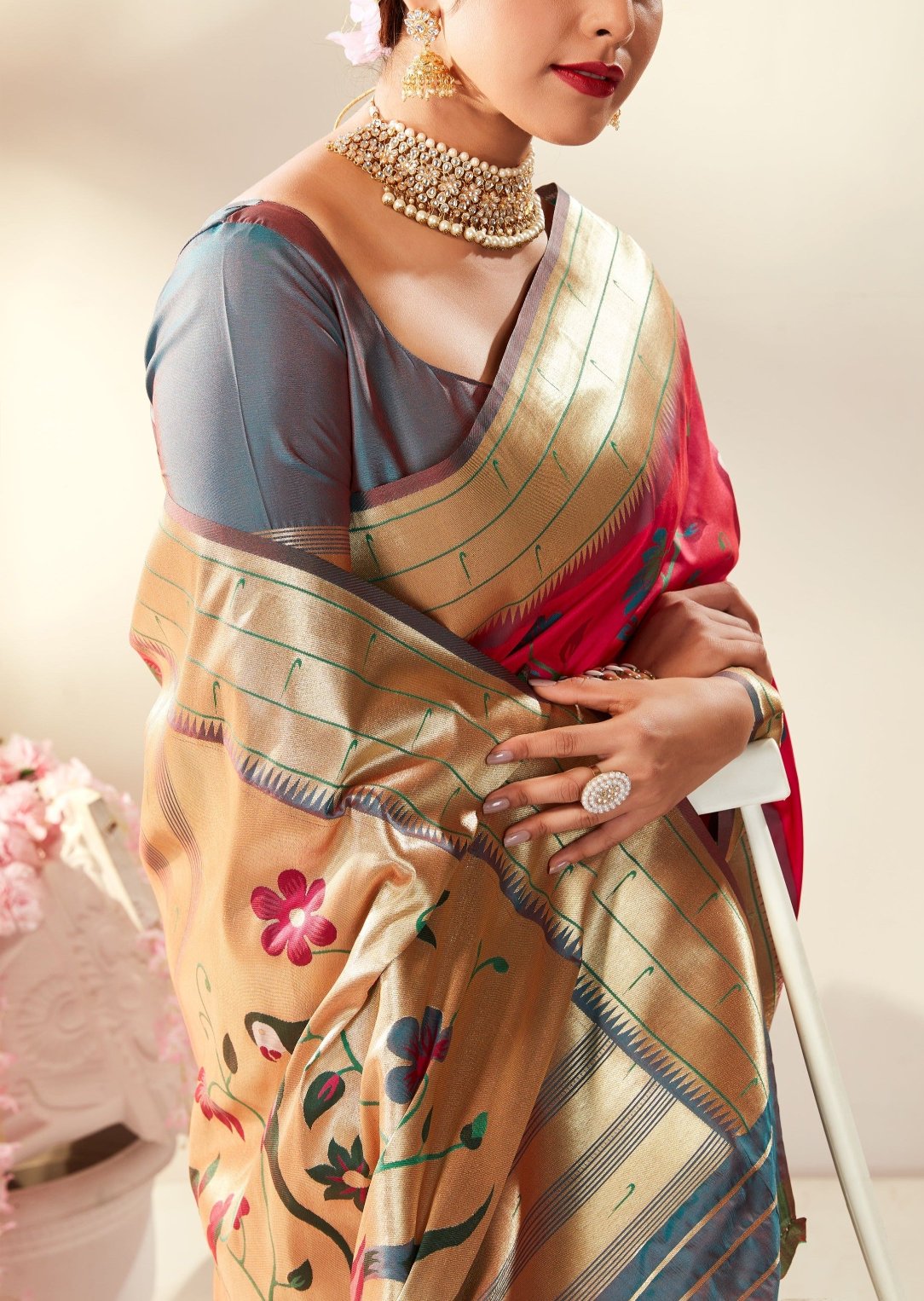 Triple muniya border paithani silk saree online in red and grey colour.