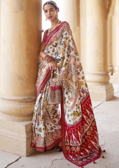 Patan patola silk saree online usa in white and red color combination at fast delivery to usa.