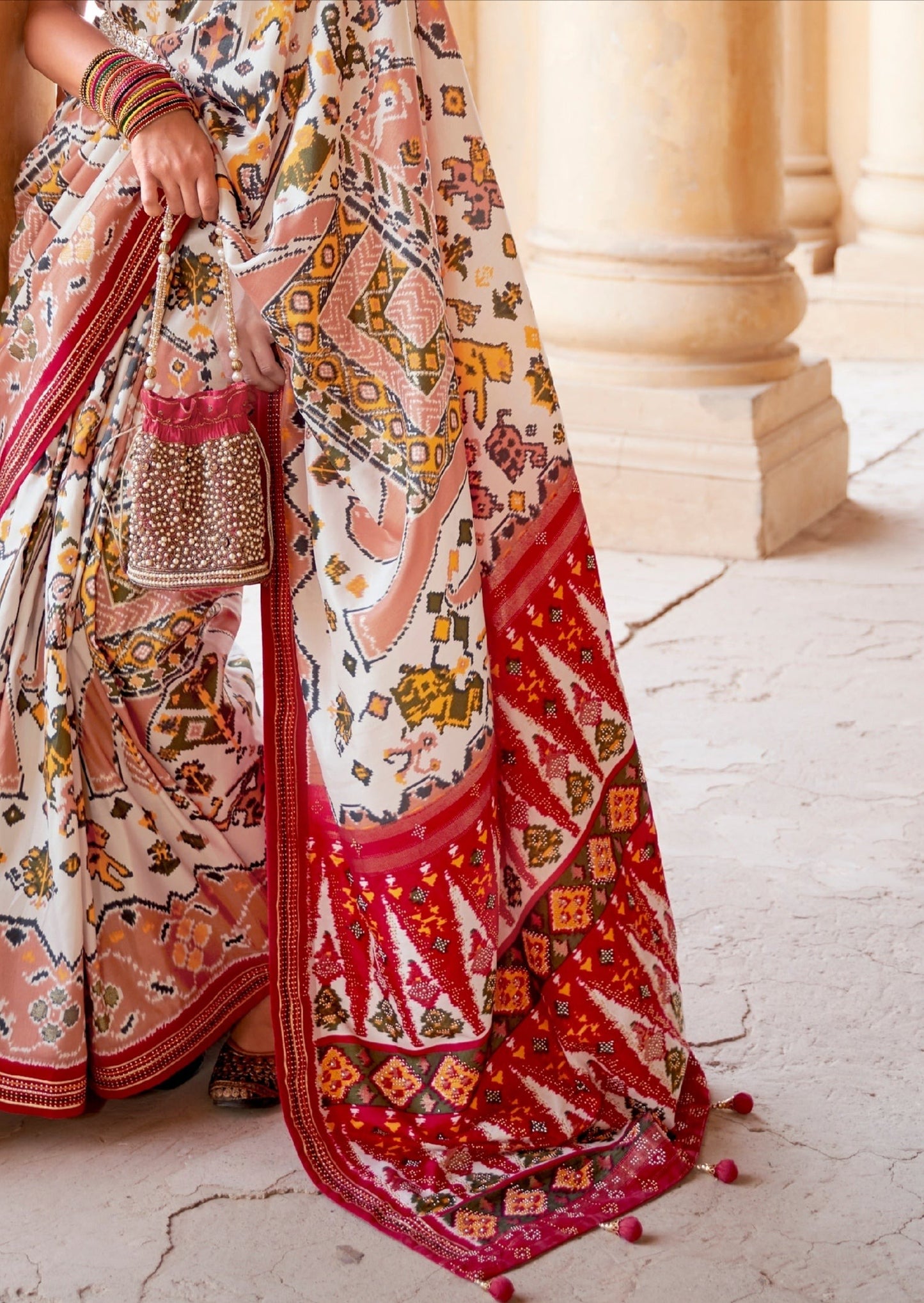 Patan patola silk white and red saree in usa online shopping for wedding wear.