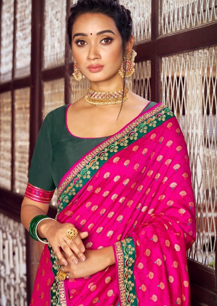 Traditional banarasi dola silk cheshire pink saree in usa with elegant embroidery and green blouse piece for cultural events abroad.
