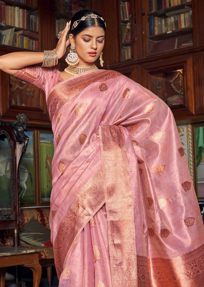 Pink banarasi tissue saree online shopping with gold zari weaving border design.