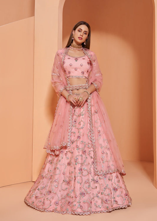 Pink net lehenga for engagement online shopping in India & usa with matching choli.