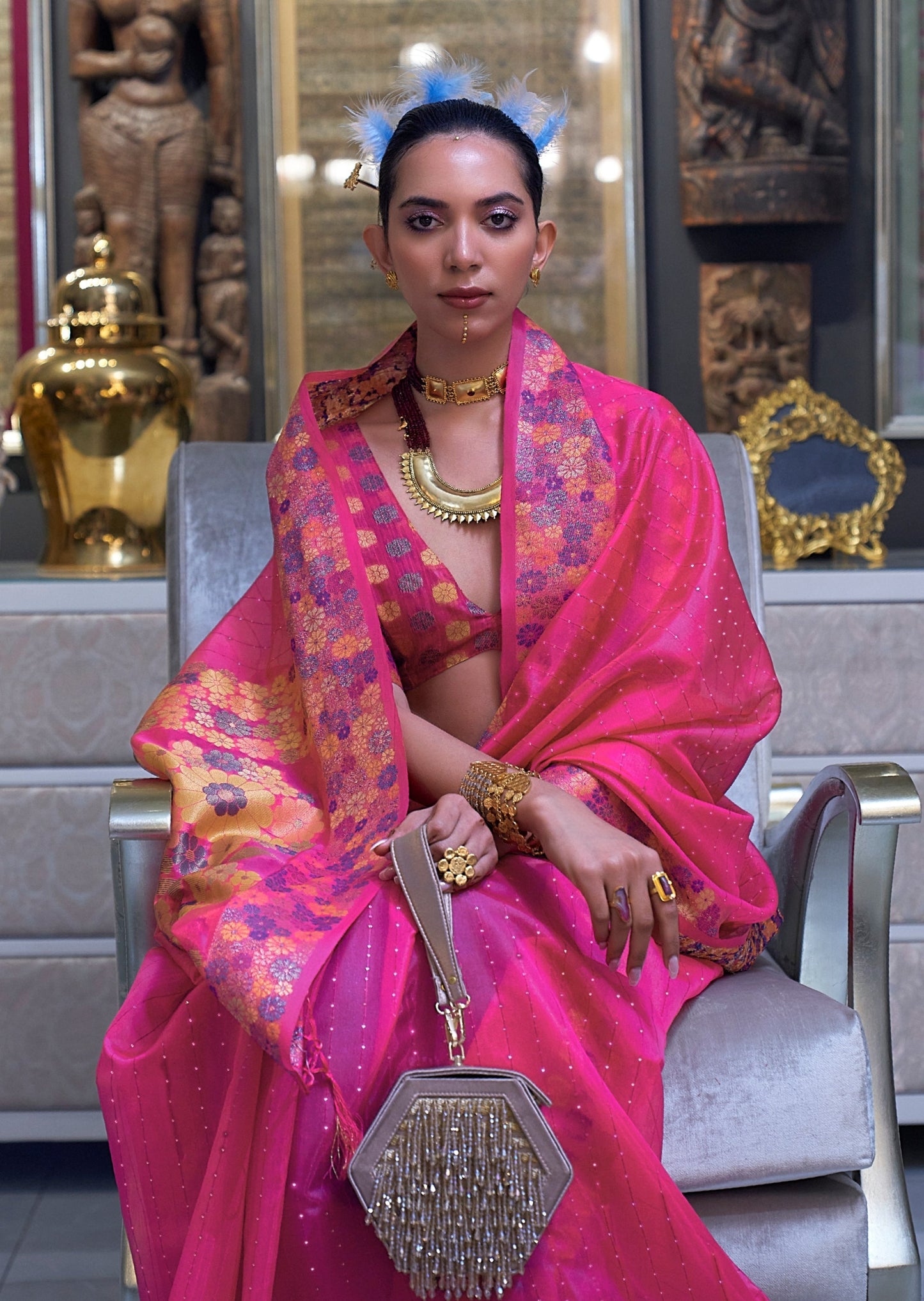 Pink organza saree online