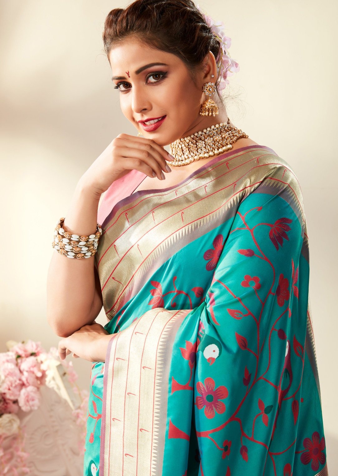 Pure Handloom Paithani silk blue saree online with contrast pink blouse available in usa uk and india.