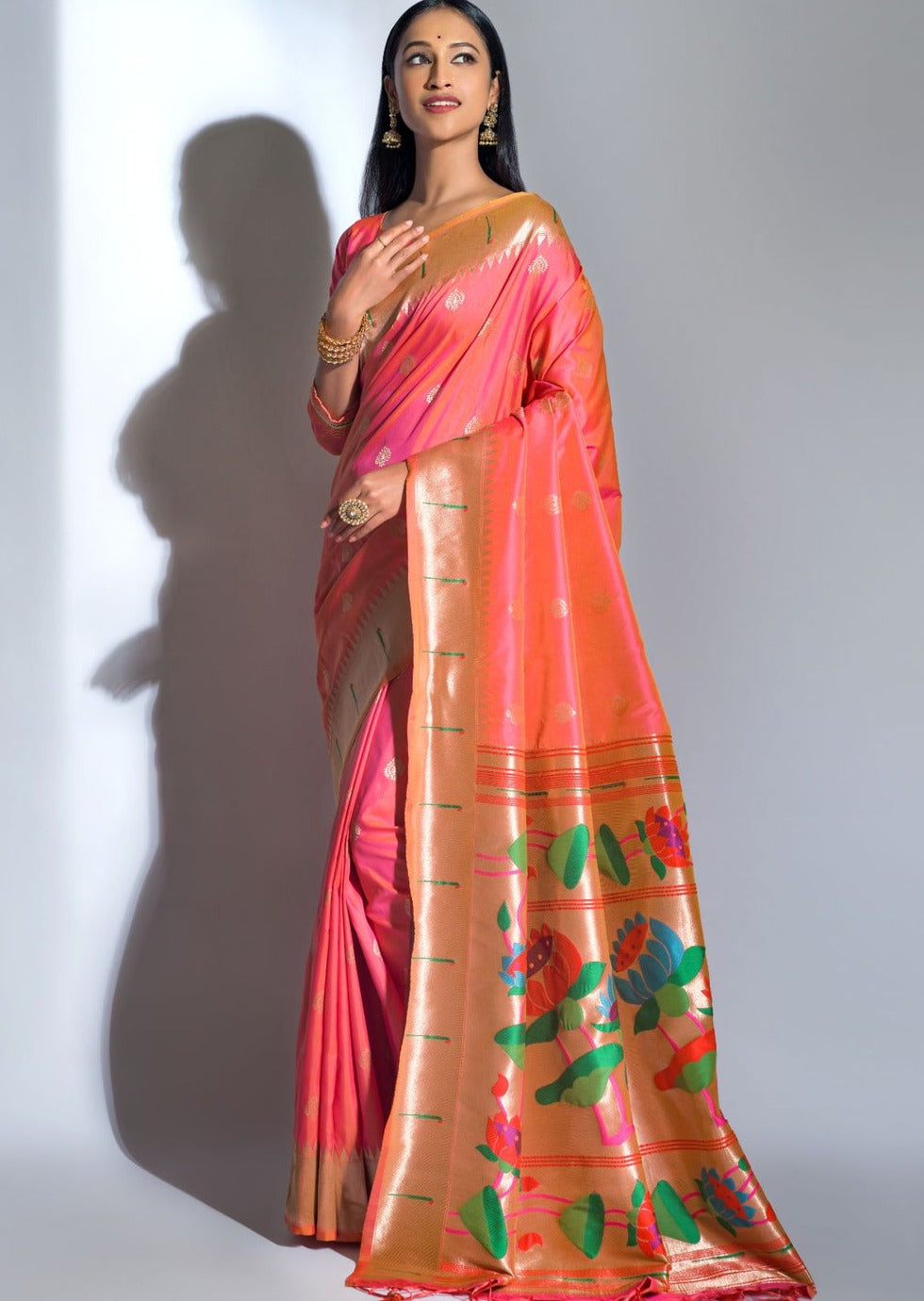 Women's pure handloom paithani silk bridal orange saree online usa.