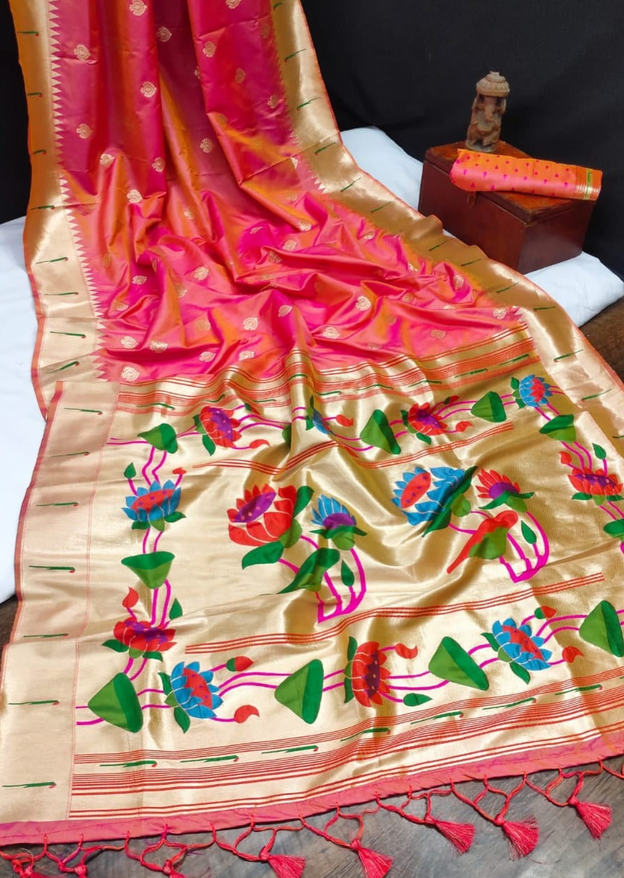 Pure handloom paithani silk orange bridal saree usa online shopping.