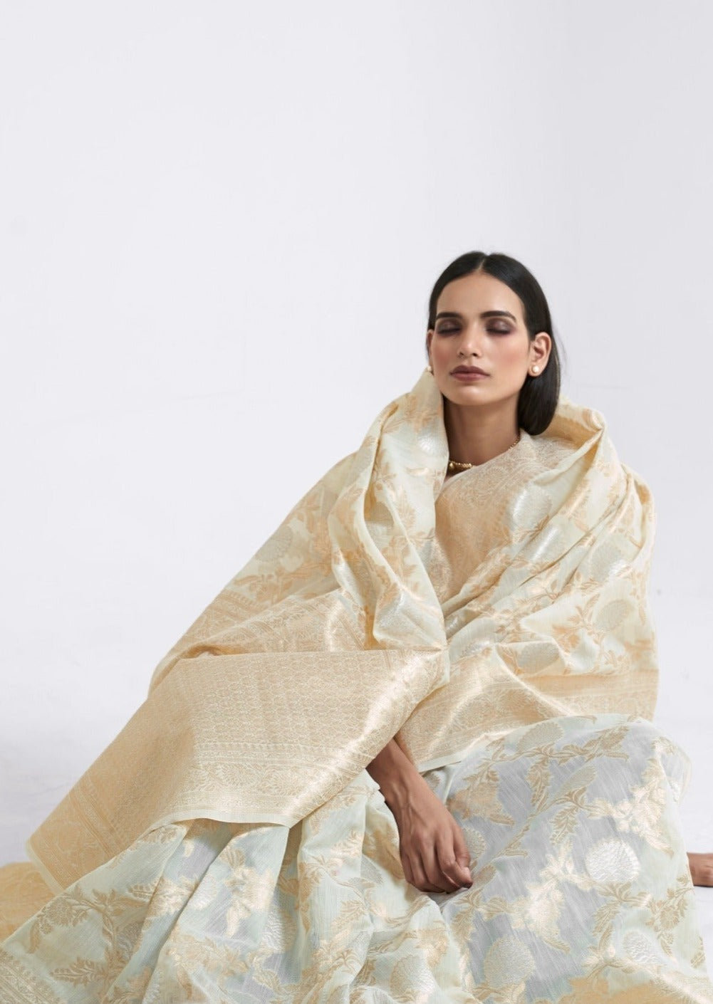 Pure linen silk cream handloom saree online shopping india for women with price.