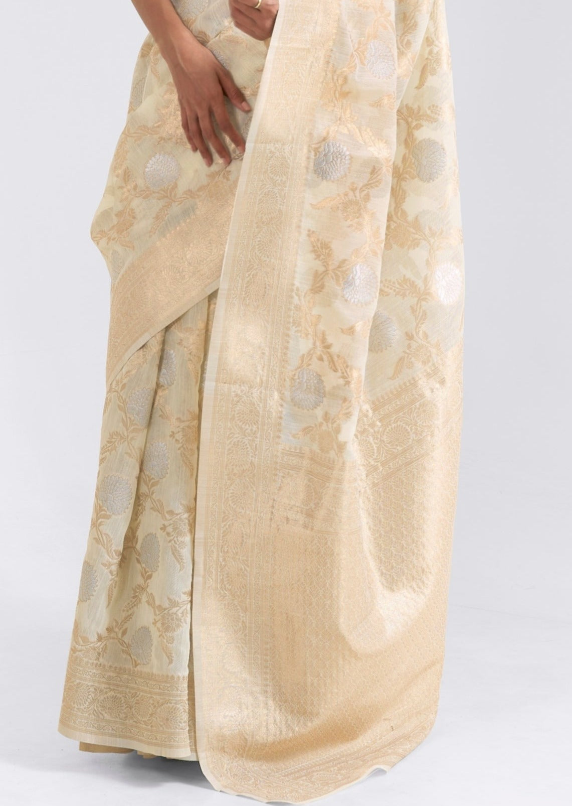 Pure linen silk cream handloom saree online shopping for wedding with price.