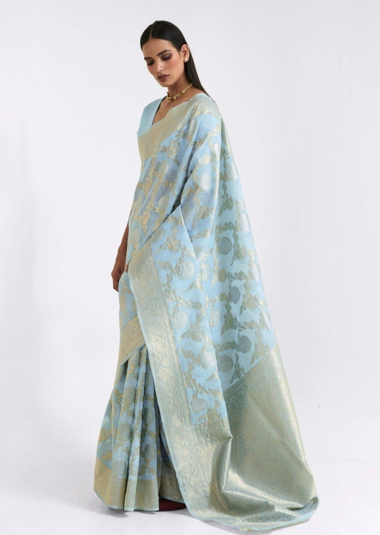 Pure linen handloom saree usa online shopping in pastel blue colour.