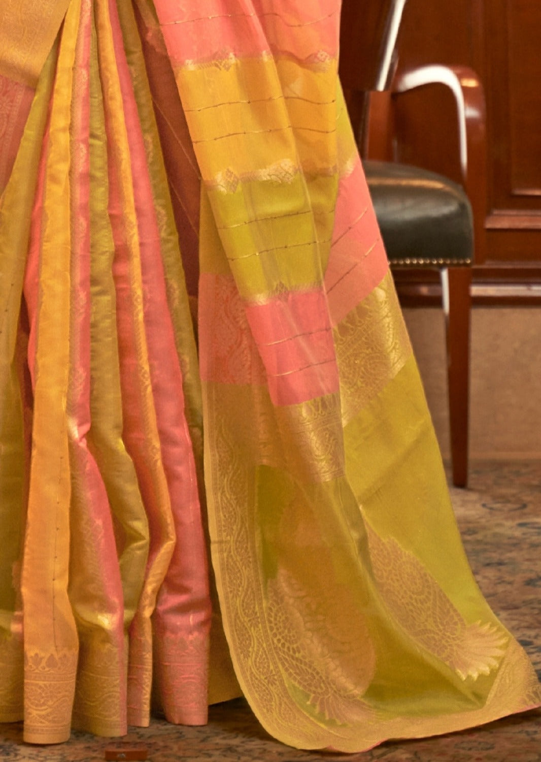 Pure banarasi organza handloom saree in yellow and lime green color for uk online shopping.