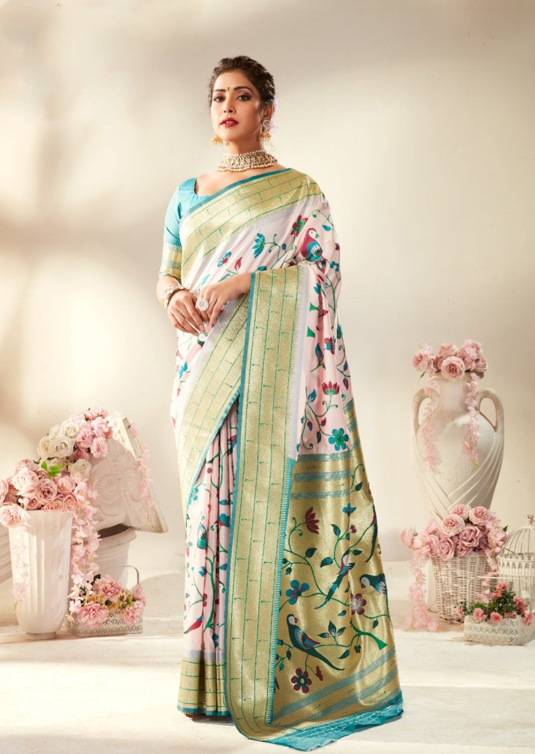 Pure paithani silk baby pink saree online india usa uk for wedding function look.