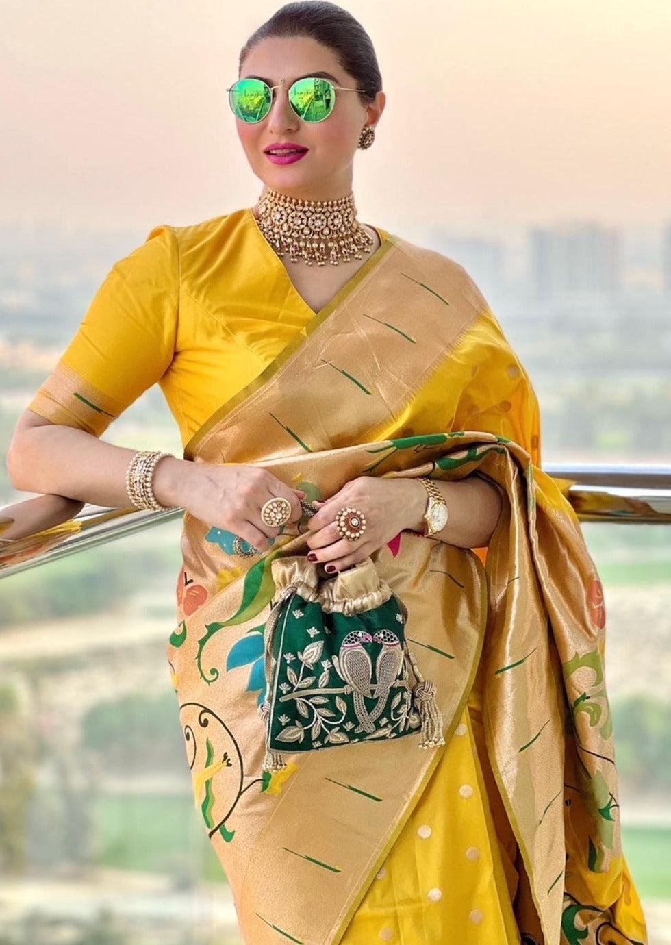 Pure paithani silk yellow handloom saree blouse online shopping designs for wedding.